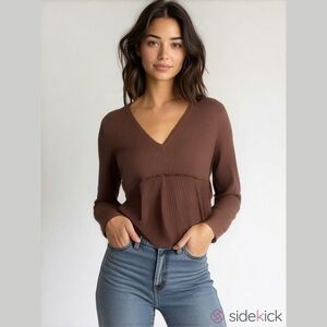 Lisa Robertson Brown Waffle Knit Top  Size XS Peplum Long Sleeved V Neck NEW